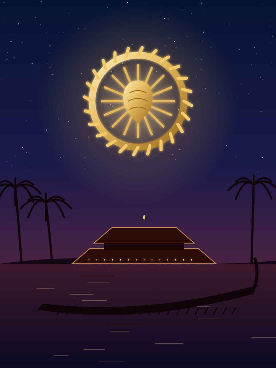 Vishnu's emblem over the temple on the sandy bank of the Bharathapuzha